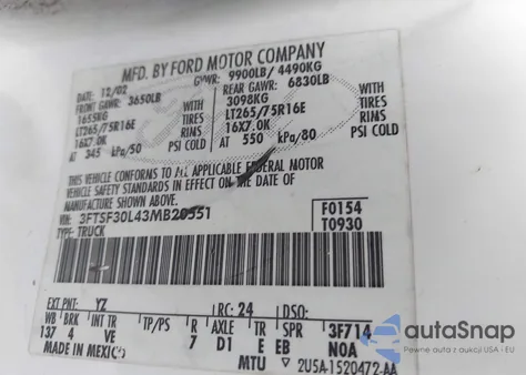 2003 Ford F-350 Xl/Xlt z USA, uszkodzony, nr VIN 3FTSF30L43MB20551